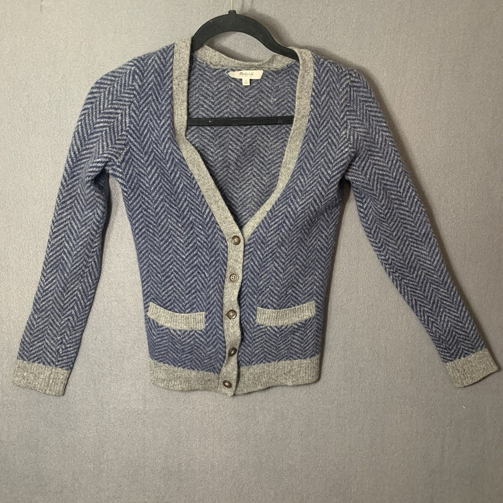 Madewell Womens Cardigan Merino Wool Button Up Blue Gray Chevron Print Small